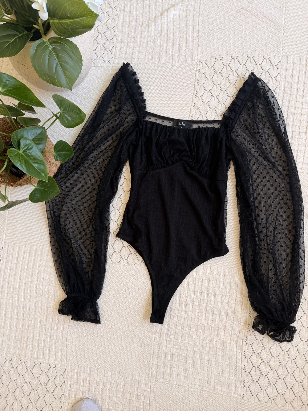 Lulus Call the Dots Black Dotted Mesh Long Sleeve Bodysuit - Picture 2 of 8